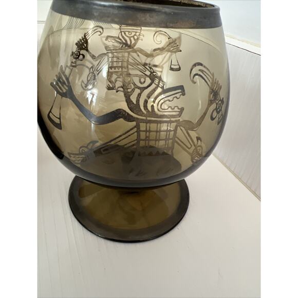 6 Vtg Smoked Smoke Glass Glasses Snifter Brandy Scotch Cognac Bar Peru Mayan - Picture 7 of 16